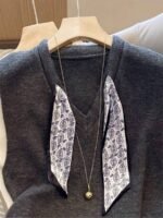 Elorivane Women's Grey V-Neck Knit Vest With Scarf Decoration | Commuter Elegant Sleeveless Sweater Vest Fall - Image 5
