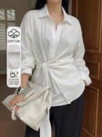 Elorivane Plus Size White Shirt, Lapel Half-Open Tie Hem Long Sleeve Spring Autumn Blouse - Image 46