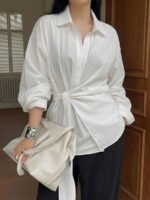 Elorivane Plus Size White Shirt, Lapel Half-Open Tie Hem Long Sleeve Spring Autumn Blouse - Image 47