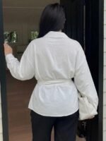 Elorivane Plus Size White Shirt, Lapel Half-Open Tie Hem Long Sleeve Spring Autumn Blouse - Image 48