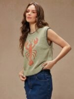 Elorivane Women Lobster Intarsia Sweater Vest, Round Neck Multi Stitch Western Cowgirl Fall Winter Casual Top - Image 27