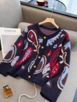Elorivane Plus Size Fair Isle Floral Gem Button Crew Neck Knit Cardigan - Image 11
