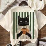 Elorivane Women's Cat Coffee Graphic Tee, Green Striped Plus Size Casual Summer