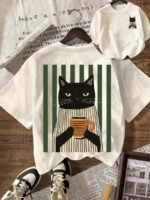 Elorivane Women's Cat Coffee Graphic Tee, Green Striped Plus Size Casual Summer