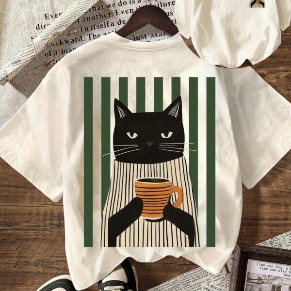Elorivane Women's Cat Coffee Graphic Tee, Green Striped Plus Size Casual Summer