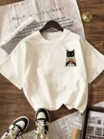 Elorivane Women's Cat Coffee Graphic Tee, Green Striped Plus Size Casual Summer - Image 2