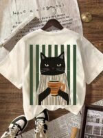 Elorivane Women's Cat Coffee Graphic Tee, Green Striped Plus Size Casual Summer - Image 3