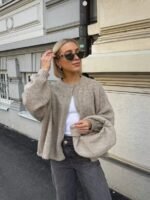 Elorivane French Elegant Oatmeal Knit Cardigan, Vintage Lantern Sleeve Fall Sweater Jacket - Image 3