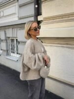 Elorivane French Elegant Oatmeal Knit Cardigan, Vintage Lantern Sleeve Fall Sweater Jacket - Image 2