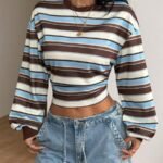 Elorivane Women Blue Brown Color Block Striped Top, Fitted Waist-Cinched Long Sleeve Vintage Fall Top