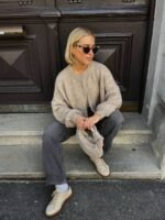 Elorivane French Elegant Oatmeal Knit Cardigan, Vintage Lantern Sleeve Fall Sweater Jacket - Image 4