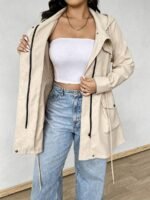 Elorivane Plus Size Hooded Cinched Waist Long Sleeve Jacket with Pockets for Fall - Image 25