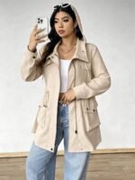 Elorivane Plus Size Hooded Cinched Waist Long Sleeve Jacket with Pockets for Fall - Image 27