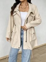 Elorivane Plus Size Hooded Cinched Waist Long Sleeve Jacket with Pockets for Fall - Image 29