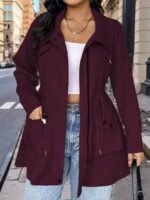 Elorivane Plus Size Hooded Cinched Waist Long Sleeve Jacket with Pockets for Fall - Image 30