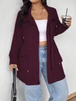 Elorivane Plus Size Hooded Cinched Waist Long Sleeve Jacket with Pockets for Fall - Image 32