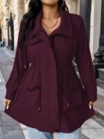 Elorivane Plus Size Hooded Cinched Waist Long Sleeve Jacket with Pockets for Fall - Image 33