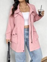 Elorivane Plus Size Hooded Cinched Waist Long Sleeve Jacket with Pockets for Fall - Image 39