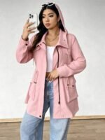 Elorivane Plus Size Hooded Cinched Waist Long Sleeve Jacket with Pockets for Fall - Image 40