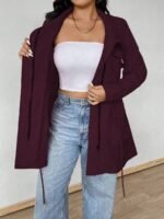 Elorivane Plus Size Hooded Cinched Waist Long Sleeve Jacket with Pockets for Fall - Image 35