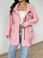 Elorivane Plus Size Hooded Cinched Waist Long Sleeve Jacket with Pockets for Fall - Image 41