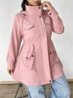 Elorivane Plus Size Hooded Cinched Waist Long Sleeve Jacket with Pockets for Fall - Image 42