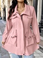 Elorivane Plus Size Hooded Cinched Waist Long Sleeve Jacket with Pockets for Fall - Image 43
