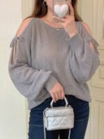 Elorivane Plus Size Solid Sweater, Off-Shoulder Bow Tie Lantern Sleeve Lightweight Spring Summer Early Autumn Top