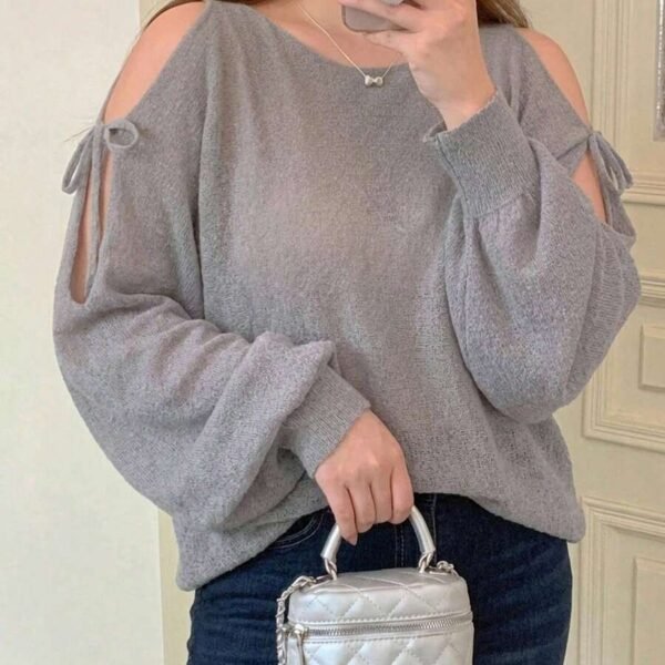 Elorivane Plus Size Solid Sweater, Off-Shoulder Bow Tie Lantern Sleeve Lightweight Spring Summer Early Autumn Top