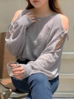 Elorivane Plus Size Solid Sweater, Off-Shoulder Bow Tie Lantern Sleeve Lightweight Spring Summer Early Autumn Top - Image 2