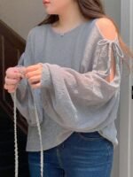 Elorivane Plus Size Solid Sweater, Off-Shoulder Bow Tie Lantern Sleeve Lightweight Spring Summer Early Autumn Top - Image 3