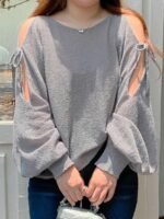 Elorivane Plus Size Solid Sweater, Off-Shoulder Bow Tie Lantern Sleeve Lightweight Spring Summer Early Autumn Top - Image 4