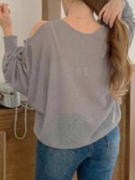 Elorivane Plus Size Solid Sweater, Off-Shoulder Bow Tie Lantern Sleeve Lightweight Spring Summer Early Autumn Top - Image 5