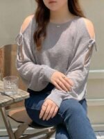 Elorivane Plus Size Solid Sweater, Off-Shoulder Bow Tie Lantern Sleeve Lightweight Spring Summer Early Autumn Top - Image 6