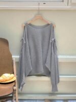 Elorivane Plus Size Solid Sweater, Off-Shoulder Bow Tie Lantern Sleeve Lightweight Spring Summer Early Autumn Top - Image 7