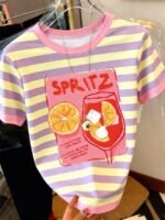 Elorivane Women's Striped Cocktail Club Tee, Round Neck Casual Vacationcore Summer Beach - Image 9