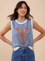 Elorivane Women Lobster Intarsia Sweater Vest, Round Neck Multi Stitch Western Cowgirl Fall Winter Casual Top - Image 21