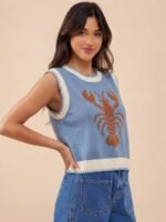 Elorivane Women Lobster Intarsia Sweater Vest, Round Neck Multi Stitch Western Cowgirl Fall Winter Casual Top - Image 24