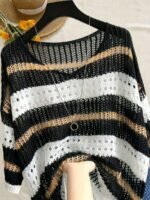 Elorivane Plus Size Contrast Striped Round Neck Knit Top Cutout Crochet Details Loose Fit for Spring Summer Casual Wear - Image 14