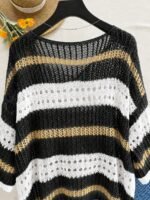 Elorivane Plus Size Contrast Striped Round Neck Knit Top Cutout Crochet Details Loose Fit for Spring Summer Casual Wear - Image 15
