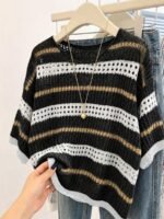 Elorivane Plus Size Contrast Striped Round Neck Knit Top Cutout Crochet Details Loose Fit for Spring Summer Casual Wear - Image 16