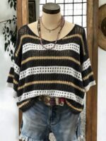 Elorivane Plus Size Contrast Striped Round Neck Knit Top Cutout Crochet Details Loose Fit for Spring Summer Casual Wear - Image 17