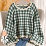 Elorivane Plus Size Black White Plaid Sweater, 80s Style Long Sleeve Versatile Autumn Casual Top