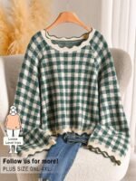 Elorivane Plus Size Black White Plaid Sweater, 80s Style Long Sleeve Versatile Autumn Casual Top
