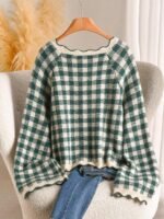 Elorivane Plus Size Black White Plaid Sweater, 80s Style Long Sleeve Versatile Autumn Casual Top - Image 2