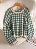 Elorivane Plus Size Black White Plaid Sweater, 80s Style Long Sleeve Versatile Autumn Casual Top - Image 3