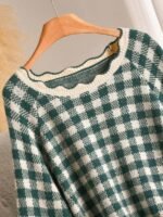 Elorivane Plus Size Black White Plaid Sweater, 80s Style Long Sleeve Versatile Autumn Casual Top - Image 4