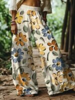 Elorivane Women's Bohemian Style Watercolor Floral Print Plus Size Wide Leg Pants, Vacation Style, Plus Size Pants Fall - Image 4