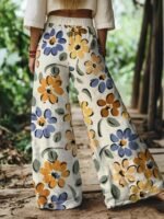 Elorivane Women's Bohemian Style Watercolor Floral Print Plus Size Wide Leg Pants, Vacation Style, Plus Size Pants Fall - Image 5