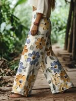 Elorivane Women's Bohemian Style Watercolor Floral Print Plus Size Wide Leg Pants, Vacation Style, Plus Size Pants Fall - Image 6